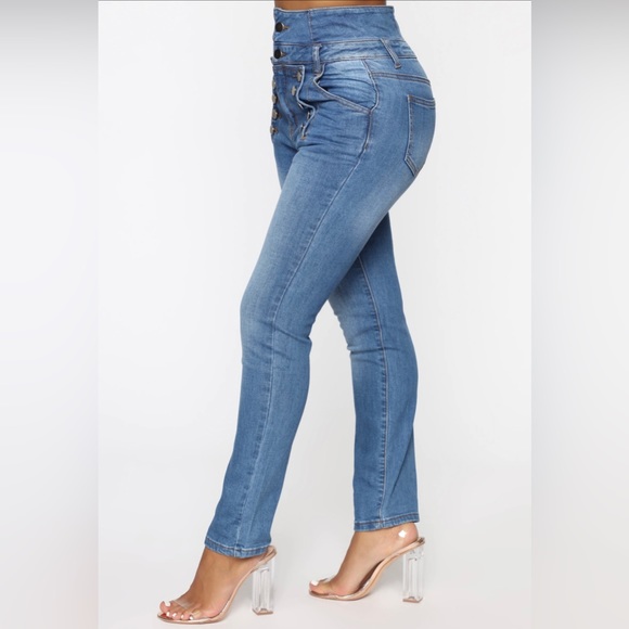 Fashion Nova. High Rise Sailor Double Button Skinny Jean. Medium Wash - Picture 4 of 6